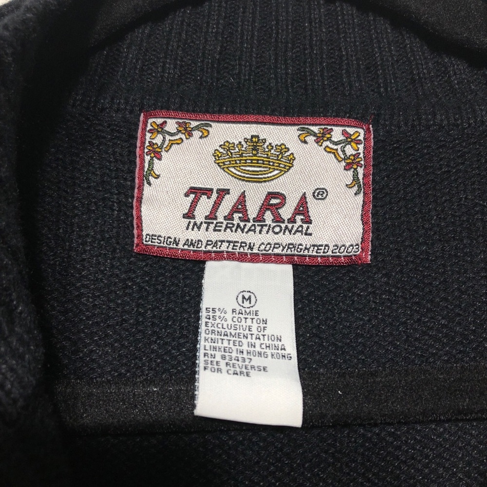 Tiara Embroidered Zip Cardigan Leaf Design Black Size M - Picture 5 of 7